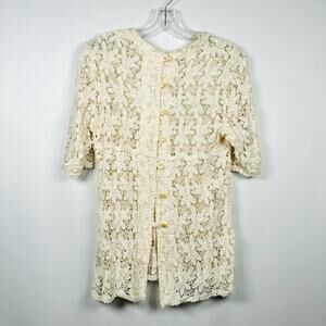 Vintage Beige Lace Crochet Cardigan Button Up Blouse Top Size M